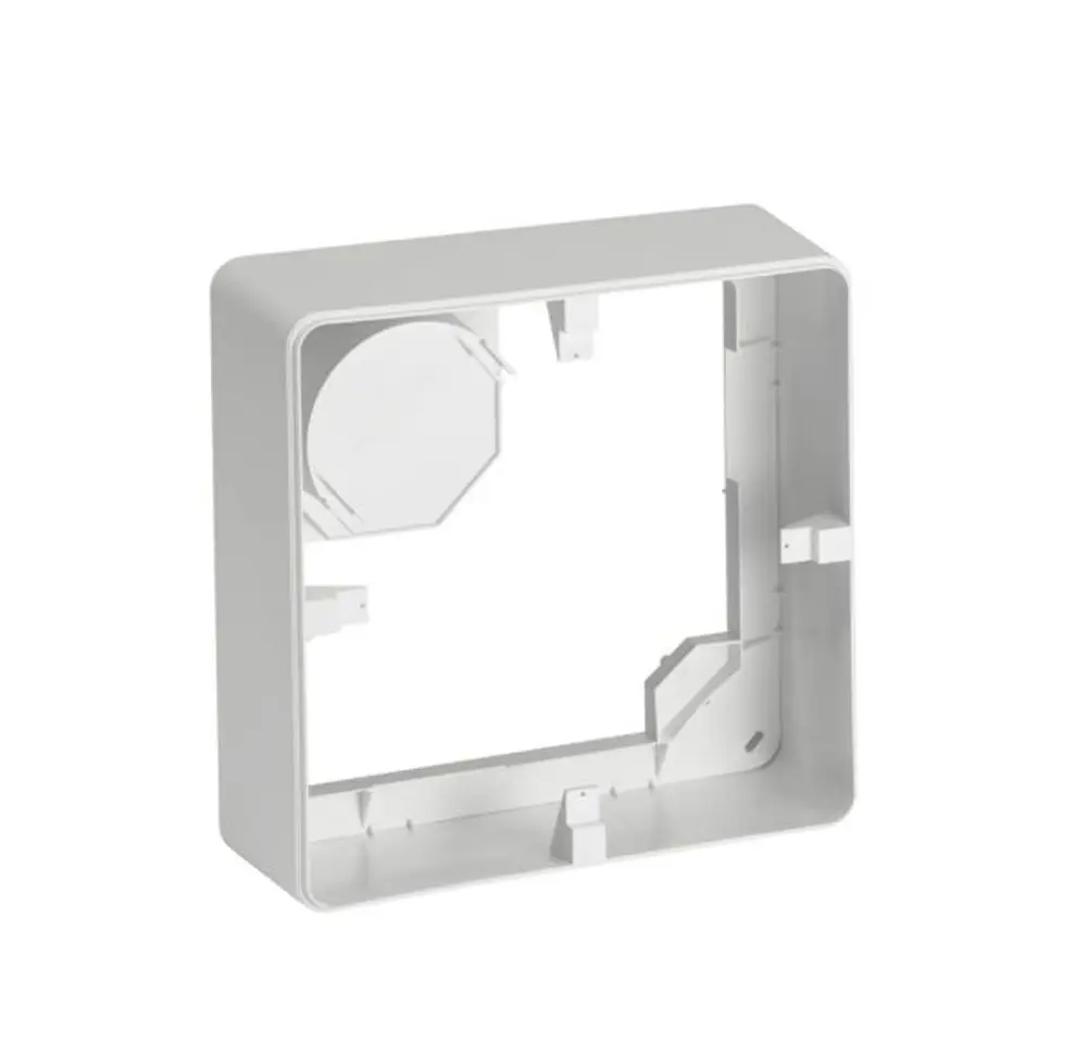 Aufputz-Gehäuse LA 100 G-A von STIEBEL ELTRON, weißes Kunststoffgehäuse, quadratisch mit abgerundeten Kanten, Innenleben sichtbar